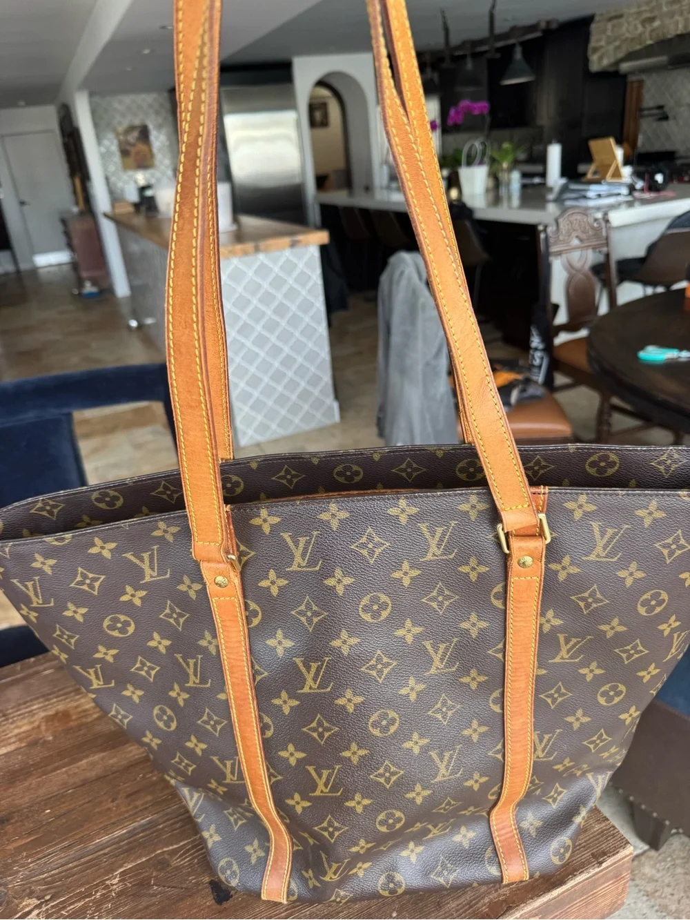 Louis Vuitton Brown Monogram Canvas Tote Bag with vachette straps